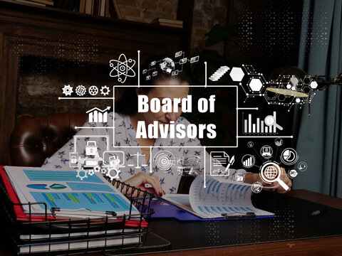 Financial concept about Board of Advisors with sign. young businesswoman working at modern office on background.