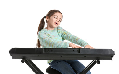 Little girl playing synthesizer on white background