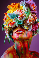 A model girl whose head is decorated with a headdress of fresh flowers that covers her eyes