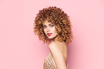 woman curly hair Attractive look red lips model 