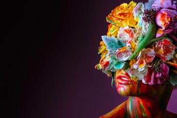 A model girl whose head is decorated with a headdress of fresh flowers that covers her eyes