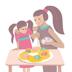 Mother and daughter cooking Easter cake together. Illustration can be used for Easter and festive templates.