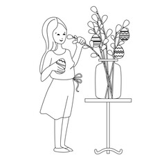 Young woman decorating pussy willow branches for Easter holiday. Black and white. Illustration can be used for Easter and festive coloring books.