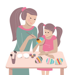 Mother and daughter painting Easter eggs together. Illustration can be used for Easter and festive templates.