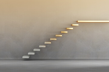 3D image of a concrete staircase that transforms as the steps gradually become golden. The concept picture of a step-by-step effort to success.