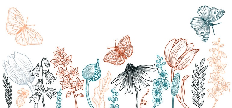 vector drawing spring template with flowers