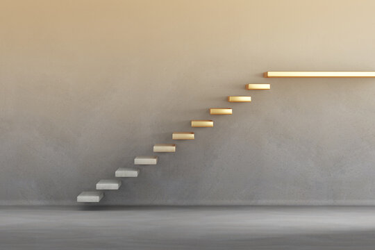 3D image of a concrete staircase that transforms as the steps gradually become golden. The concept picture of a step-by-step effort to success.