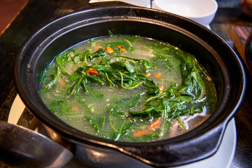 Delicious Chinese home cooking, pork liver and wolfberry leaf vegetable soup