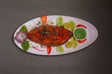 Fish Fry, Indian fish Surmai cooked with flour, semolina and spices to make it crispy. Super delicious fish food.top view