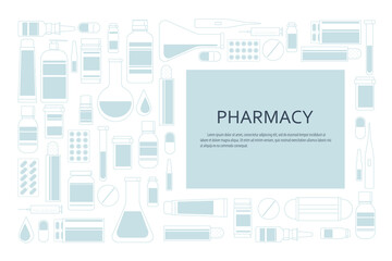 Pharmacy promo poster with medical products on a white background with place for text. Vector illustration