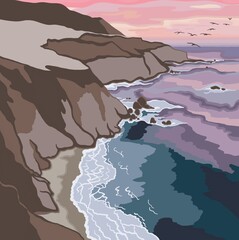 Sunrise Ocean, Cliff Edge Simple Landscape Digital Illustration
