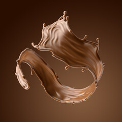 3d render, chocolate splash, cacao drink or coffee, splashing cooking ingredient. Abstract liquid wave. Brown beverage clip art isolated on brown background
