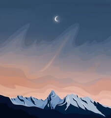 Blue and Peach Minimalistic Mountain Sunset Digital Illustration