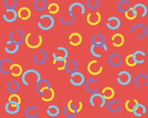 Abstract background. Decorative texture in a flat style of red color with semi-rings of yellow, blue, lilac colors. Geometric illustration for packaging design, children's printing, decor.