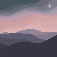 Blush and Grey Minimal Night Landscape Digital Illustration