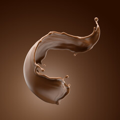 3d render, chocolate splash, cacao drink or coffee, splashing cooking ingredient. Abstract brown...