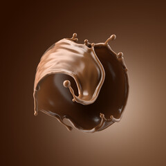 3d render, chocolate splash, cacao drink or coffee, splashing cooking ingredient. Abstract brown liquid clip art isolated on brown background