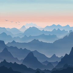 Obraz premium Blue and Orange Rocky Hills Landscape Digital Illustration