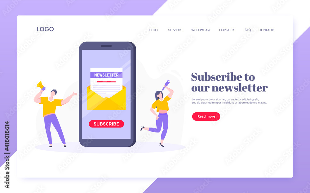 Poster subscribe now to our newsletter vector illustration with tiny people working with smartphone and new