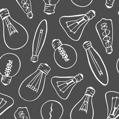 Doodle light bulbs seamless pattern, contour illustration line art