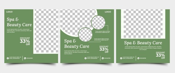Social media post template design set for spa and beauty. Green background color with photo collage. Suitable for social media, flyers, and web internet ads.