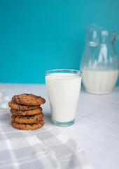Homemade oatmeal cookies and a glass of milk close-up, a jug of milk. The concept of a healthy and proper breakfast. On a light blue and white background. Country style. Christmas drinks. copy space