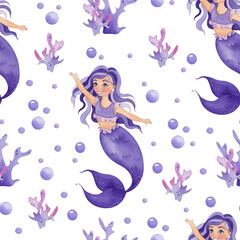 Watercolor seamless pattern with mermaid and floral, isolated on white background