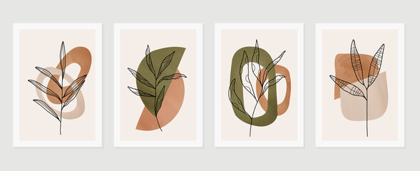 Botanical watercolor wall art vector set. Earth tone background foliage line art drawing with abstract shape.  Abstract Plant Art design for wall framed prints, canvas prints, poster, home decor.