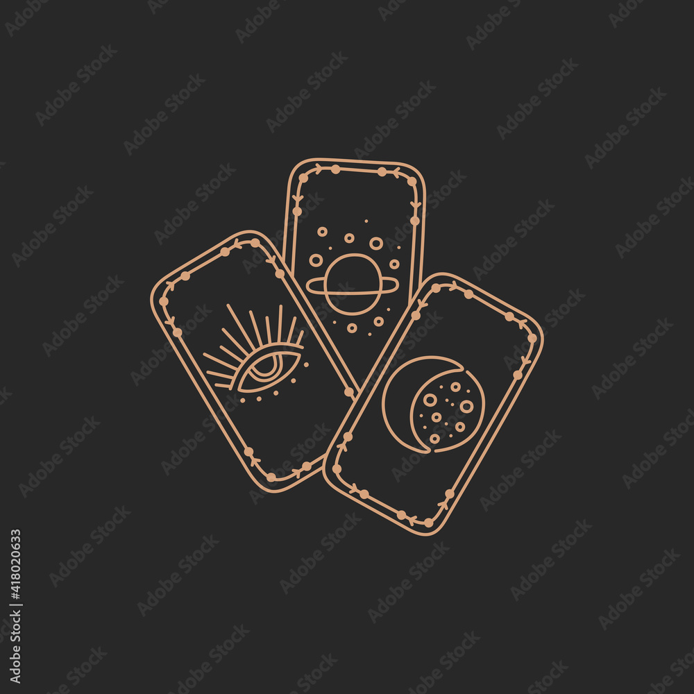 Wall mural tarot cards logo, future fortune teller icon concept, gold simple line in boho style on black backgr