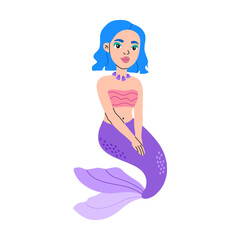 Obraz na płótnie Canvas Cute little mermaid, magical funny princess character for kids, hand drawn pretty girl with blue hair and purple tail in flat cartoon style, modern trendy illustration isolated on white background