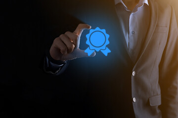 Businessman man holds in hand hourglasses icon. Time expires. A reminder to action. Business concept. Elements for design.