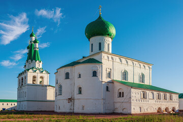 Fototapeta na wymiar Cathedral of the Holy Trinity and the Belfry. Holy Trinity Alexander Svirsky Monastery in the Leningrad region, known for architectural monuments of the XVI and XVII centuries.