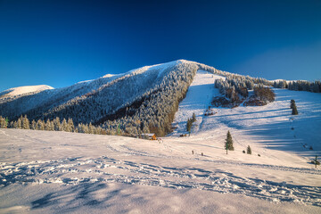 Winter mountain snowy landscape at a sunny day. The Mala Fatra national park in Slovakia, Europe.