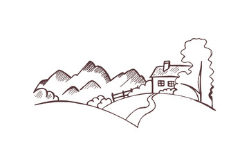 Abstract farm banner. Creative art concept.  Sketch of a farm. Vector illustration perfect for greeting cards, party invitations, posters, stickers, clothing.