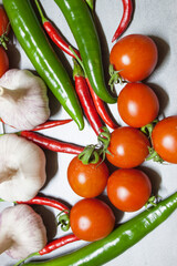 composition of various herbs and spices isolated on white background, top view
