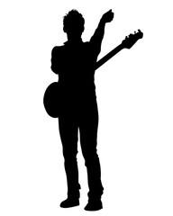Rock band musicians on stage. Isolated silhouettes on a white background