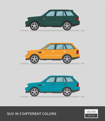 Obraz premium Urban vehicle. SUV in 3 different colors. Cartoon flat illustration, auto for graphic and web design.