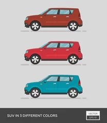 Fototapete Autorennen Urban vehicle. SUV in 3 different colors. Cartoon flat illustration, auto for graphic and web design.