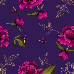 seamless vector pattern with gorgeous purple peony flowers and green leaves on deep violet background