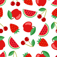 Fruit and berry seamless pattern. Watermelon, cherry, apple, strawberry seamless background. Juicy cute pattern. Vector illustration
