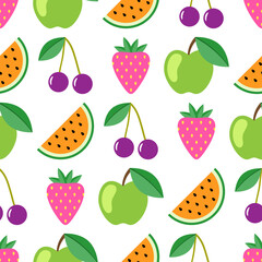 Fruit and berry seamless pattern. Watermelon, cherry, apple, strawberry seamless background. Juicy cute pattern. Vector illustration