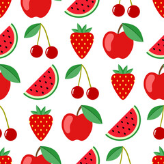 Fruit and berry seamless pattern. Watermelon, cherry, apple, strawberry seamless background. Juicy cute pattern. Vector illustration