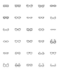 Glasses frame line icons set. Eyeglasses shapes linear style symbols collection, sunglasses outline signs pack. Summer eyewear vector graphics. Set includes icons - stylish spectacles, optical glasses