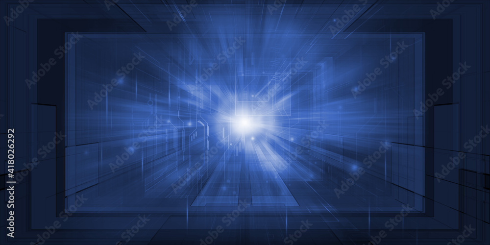 Aufkleber technology background with light ray go through digital tunnel for speed warp hi tech background.3d 