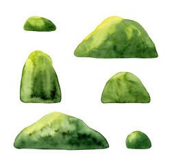 Set of green mossy boulders. Watercolor illustration isolated on white background.