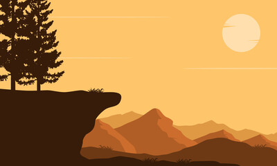 Silhouette of mountains and cypress trees in the evening from the suburbs. Vector illustration
