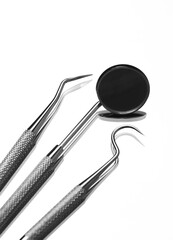 Dental tools on white background. Medical technology concept. Dental hygiene. Cure concept. Dentist tools. Dental equipment.