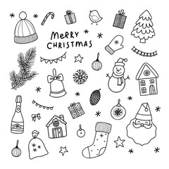 Merry christmas doodle set. Cartoon line icon. Abstract hand drawn outline vector illustration.