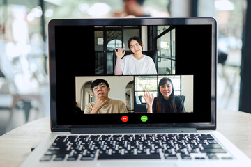 Fototapeta na wymiar VDO Call Conference Work from home remote work talk chat online on video call on laptop webcam conference working with laptop online event briefing.E learning and social distancing concept.