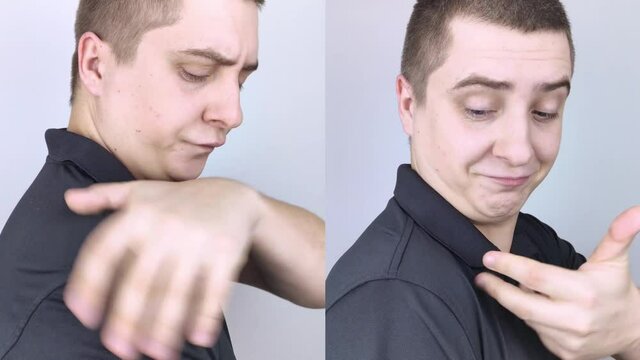 Dandruff before and after. The man on the left shows his shoulder, which has a lot of dandruff. In the photo on the right, the problems with the scalp fungus have disappeared and the man is happy.